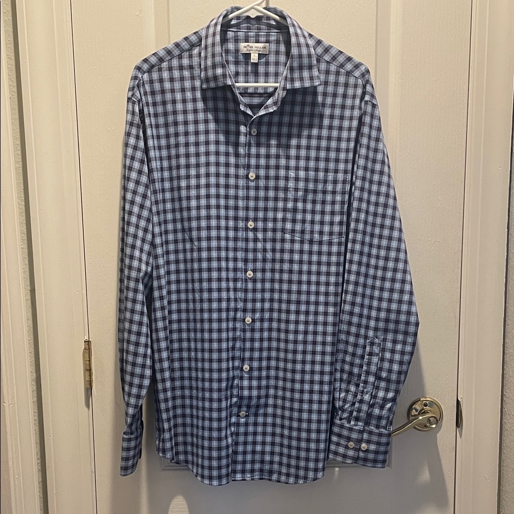 Peter Millar Blue and White Checkered Button Down Shirt